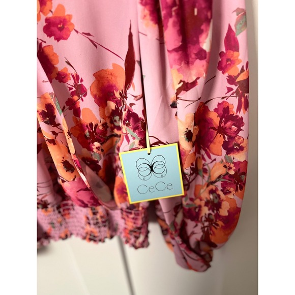 CeCe Pink Floral Bishop Sleeve Smocked Waist V Neck Blouse Top XS - Picture 3 of 6